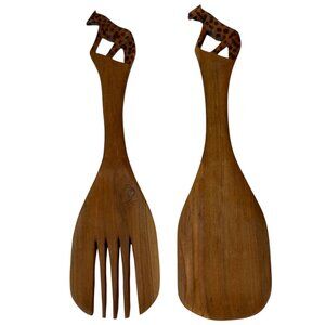 African Wooden Salad Serving Spoon And Fork Set Hand Carved Hyenas Tongs Safari
